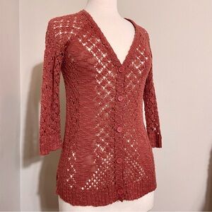 Pink Rose Sheer Crochet Button Up Cardigan Autumn Red S Small
